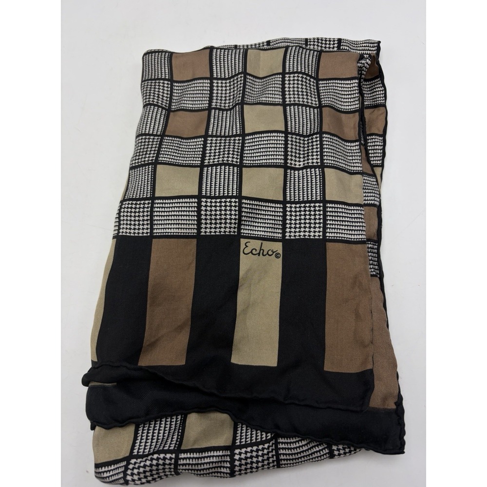 ECHO Silk Scarf Checker Black Brown Rectangle Hand Rolled Art Deco Office Career